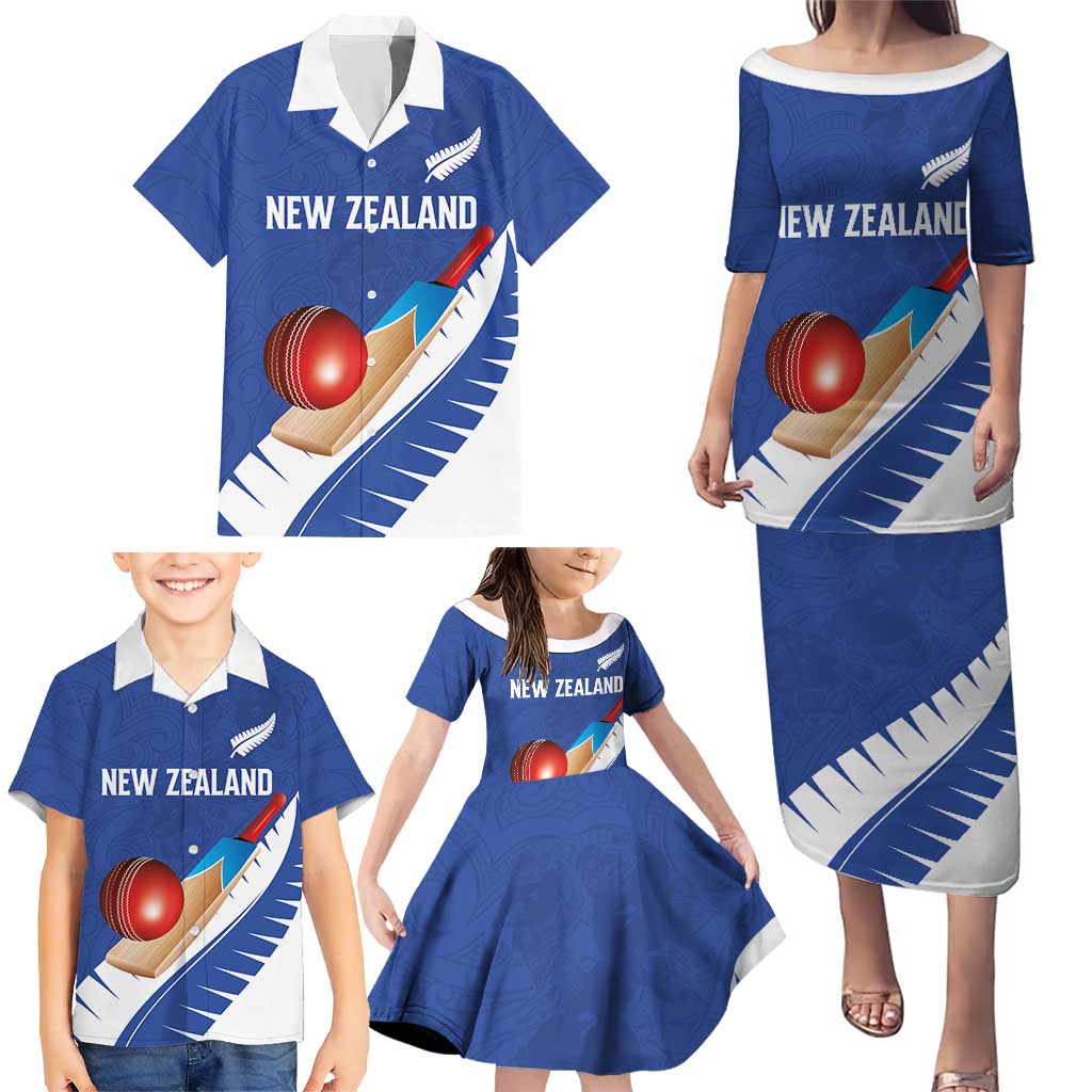 Custom New Zealand Cricket Family Matching Puletasi and Hawaiian Shirt Kiwi Birds Haka Dance Blue Fern Sporty Style