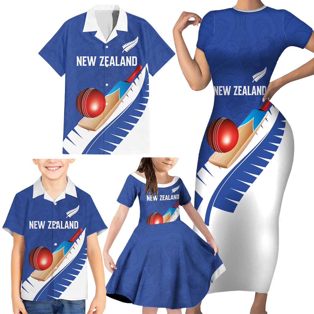 Custom New Zealand Cricket Family Matching Short Sleeve Bodycon Dress and Hawaiian Shirt Kiwi Birds Haka Dance Blue Fern Sporty Style