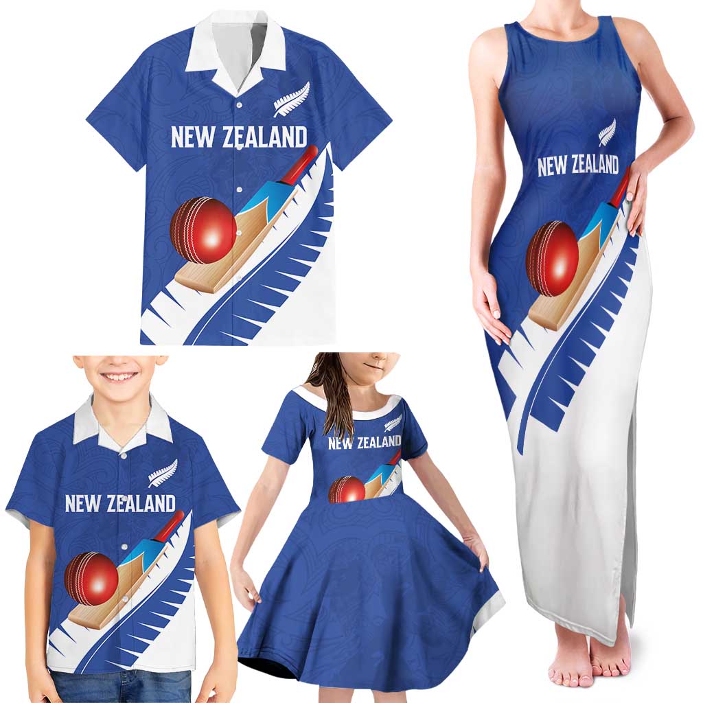 Custom New Zealand Cricket Family Matching Tank Maxi Dress and Hawaiian Shirt Kiwi Birds Haka Dance Blue Fern Sporty Style