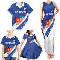 Custom New Zealand Cricket Family Matching Tank Maxi Dress and Hawaiian Shirt Kiwi Birds Haka Dance Blue Fern Sporty Style