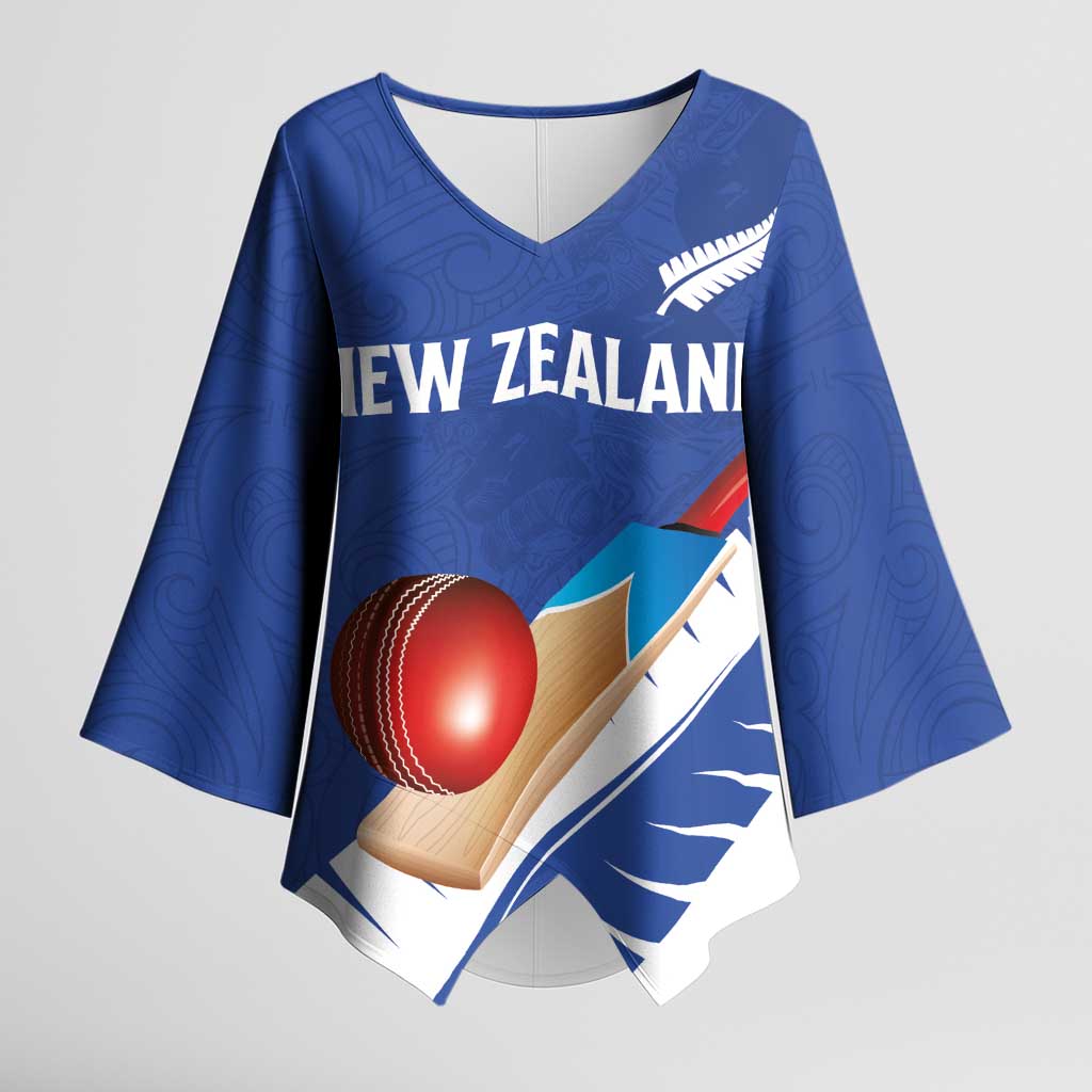 Custom New Zealand Cricket Kimono Sleeve Blouse Kiwi Birds Haka Dance Blue Fern Sporty Style