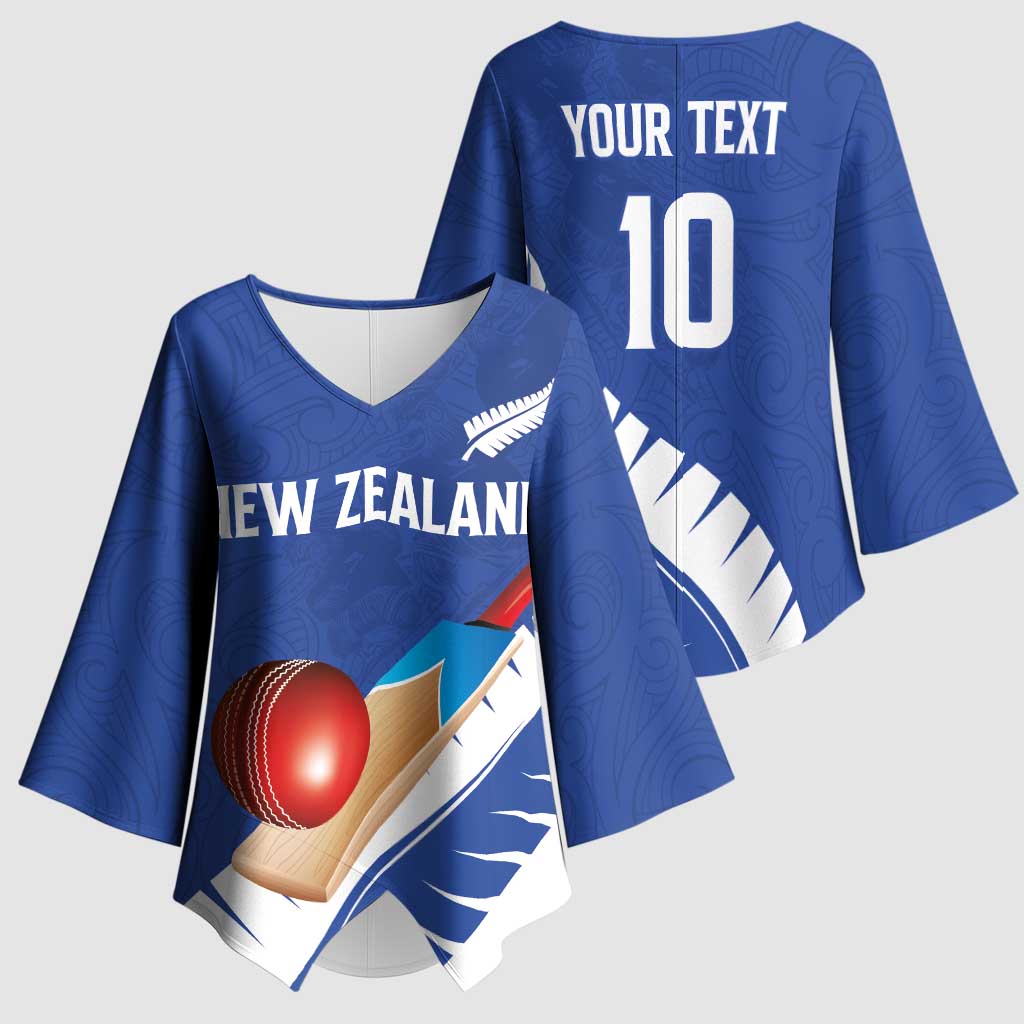 Custom New Zealand Cricket Kimono Sleeve Blouse Kiwi Birds Haka Dance Blue Fern Sporty Style