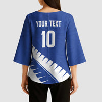 Custom New Zealand Cricket Kimono Sleeve Blouse Kiwi Birds Haka Dance Blue Fern Sporty Style