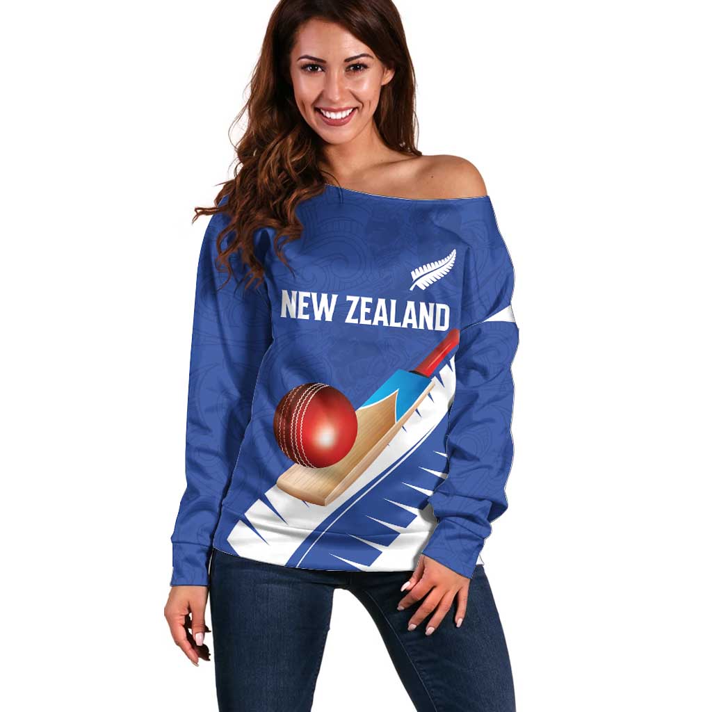 Custom New Zealand Cricket Off Shoulder Sweater Kiwi Birds Haka Dance Blue Fern Sporty Style