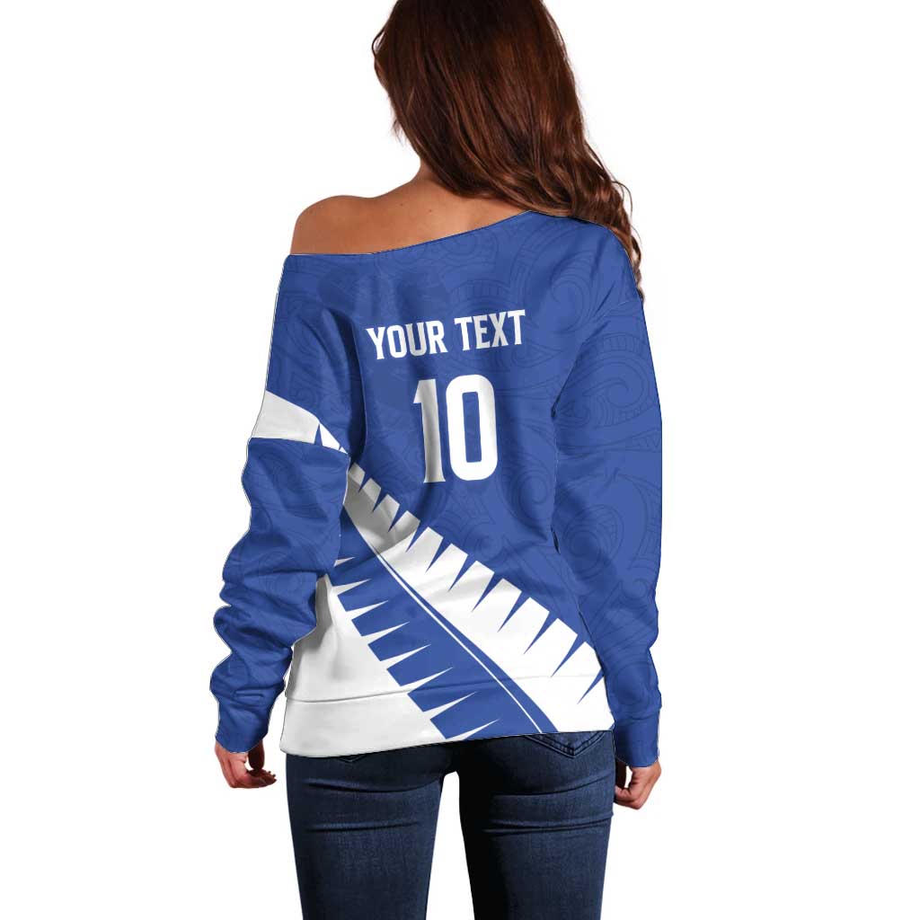 Custom New Zealand Cricket Off Shoulder Sweater Kiwi Birds Haka Dance Blue Fern Sporty Style