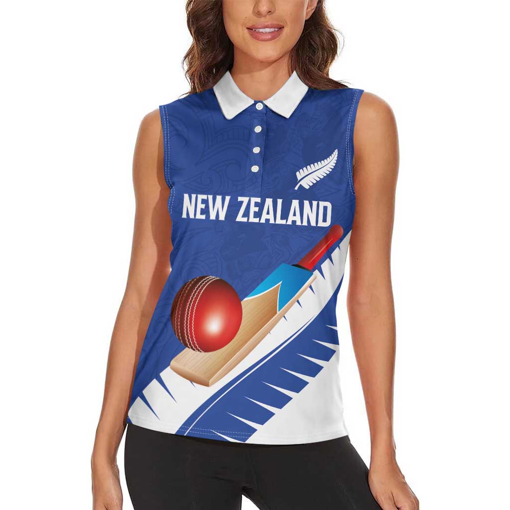 Custom New Zealand Cricket Women Sleeveless Polo Shirt Kiwi Birds Haka Dance Blue Fern Sporty Style