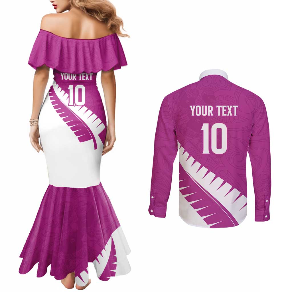 Custom New Zealand Cricket Couples Matching Mermaid Dress and Long Sleeve Button Shirt Kiwi Birds Haka Dance Pink Fern Sporty Style