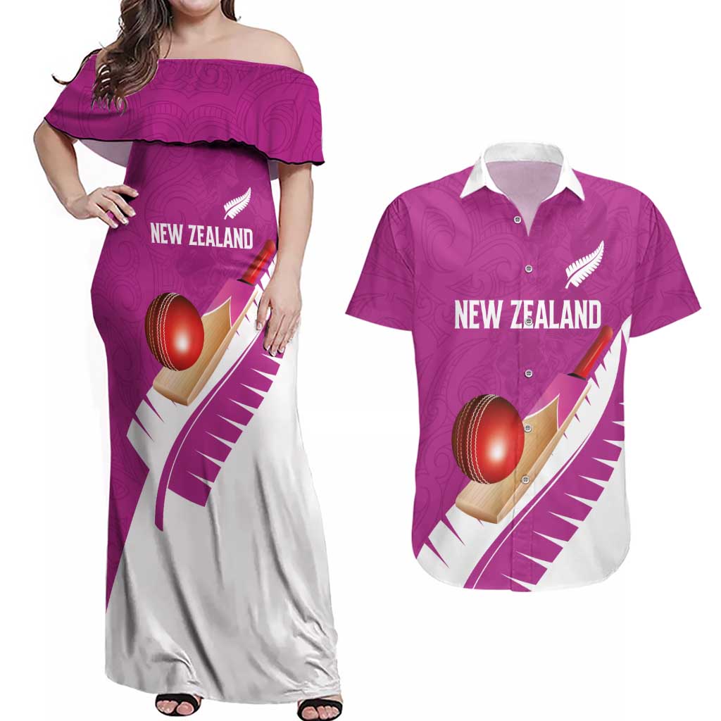 Custom New Zealand Cricket Couples Matching Off Shoulder Maxi Dress and Hawaiian Shirt Kiwi Birds Haka Dance Pink Fern Sporty Style