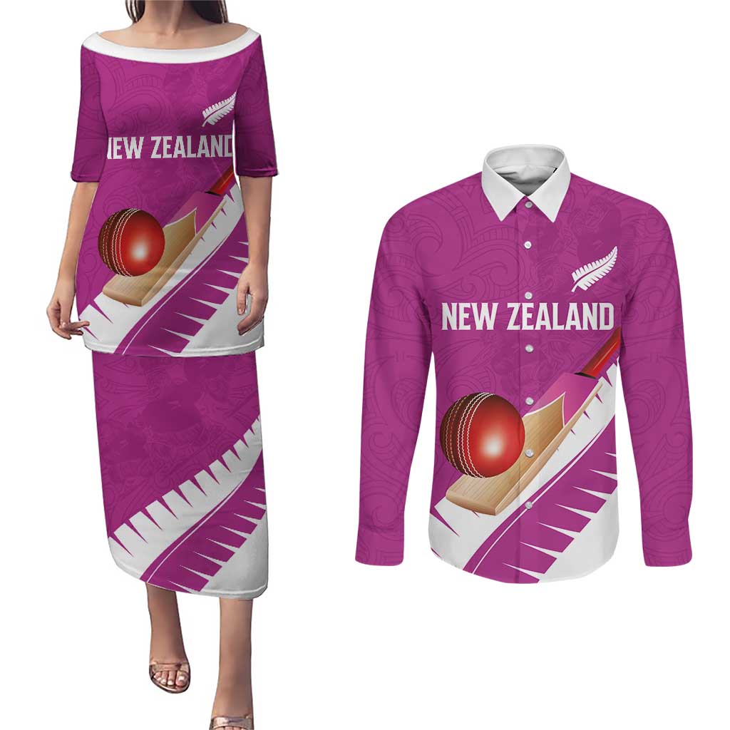 Custom New Zealand Cricket Couples Matching Puletasi and Long Sleeve Button Shirt Kiwi Birds Haka Dance Pink Fern Sporty Style