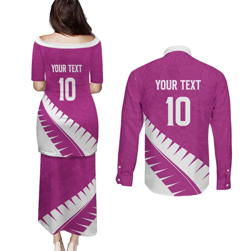 Custom New Zealand Cricket Couples Matching Puletasi and Long Sleeve Button Shirt Kiwi Birds Haka Dance Pink Fern Sporty Style