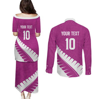 Custom New Zealand Cricket Couples Matching Puletasi and Long Sleeve Button Shirt Kiwi Birds Haka Dance Pink Fern Sporty Style