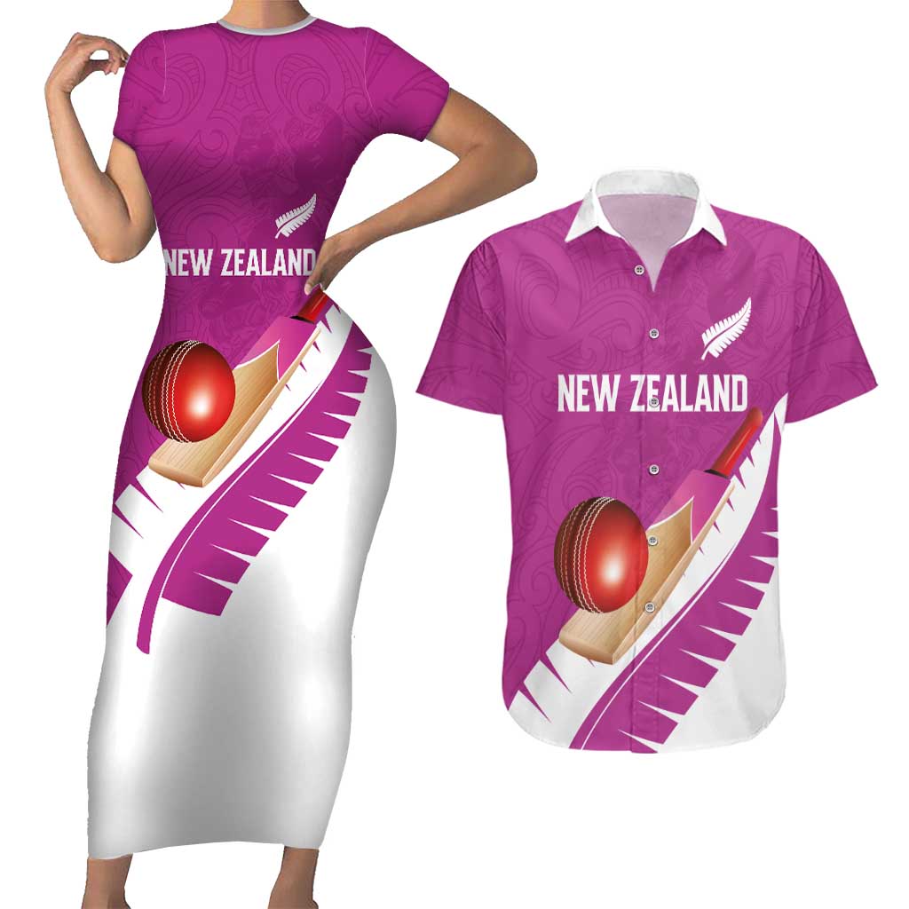 Custom New Zealand Cricket Couples Matching Short Sleeve Bodycon Dress and Hawaiian Shirt Kiwi Birds Haka Dance Pink Fern Sporty Style