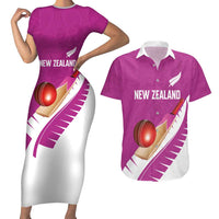 Custom New Zealand Cricket Couples Matching Short Sleeve Bodycon Dress and Hawaiian Shirt Kiwi Birds Haka Dance Pink Fern Sporty Style