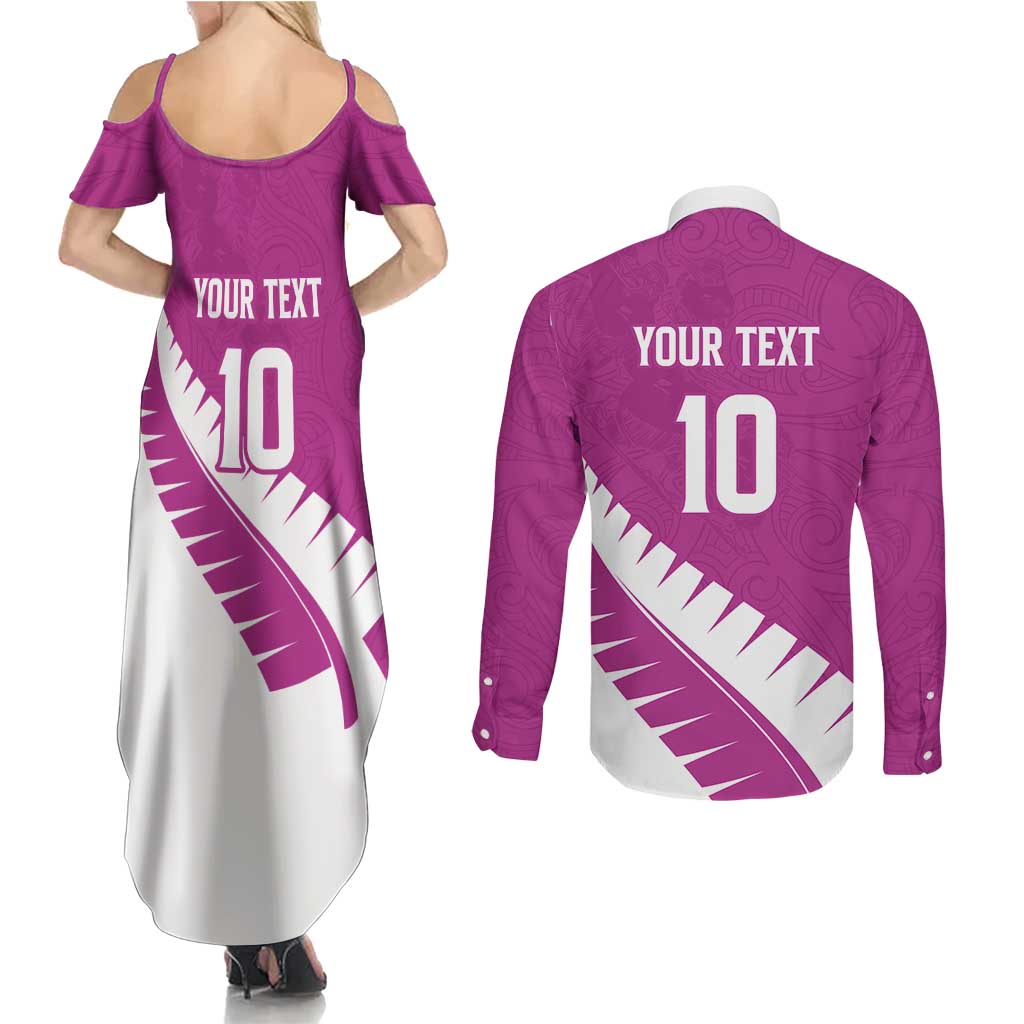 Custom New Zealand Cricket Couples Matching Summer Maxi Dress and Long Sleeve Button Shirt Kiwi Birds Haka Dance Pink Fern Sporty Style