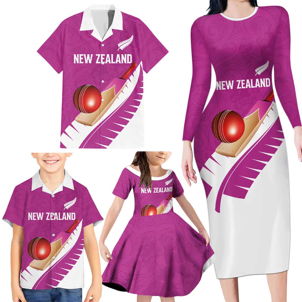 Custom New Zealand Cricket Family Matching Long Sleeve Bodycon Dress and Hawaiian Shirt Kiwi Birds Haka Dance Pink Fern Sporty Style LT03 - Polynesian Pride