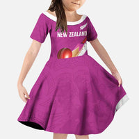Custom New Zealand Cricket Family Matching Short Sleeve Bodycon Dress and Hawaiian Shirt Kiwi Birds Haka Dance Pink Fern Sporty Style LT03 Daughter's Dress Pink - Polynesian Pride