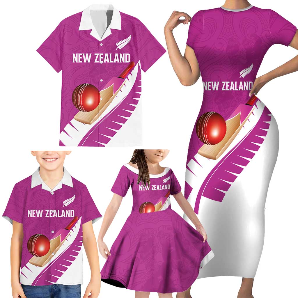 Custom New Zealand Cricket Family Matching Short Sleeve Bodycon Dress and Hawaiian Shirt Kiwi Birds Haka Dance Pink Fern Sporty Style LT03 - Polynesian Pride