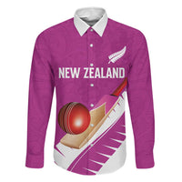Custom New Zealand Cricket Family Matching Short Sleeve Bodycon Dress and Hawaiian Shirt Kiwi Birds Haka Dance Pink Fern Sporty Style LT03 Dad's Shirt - Long Sleeve Pink - Polynesian Pride