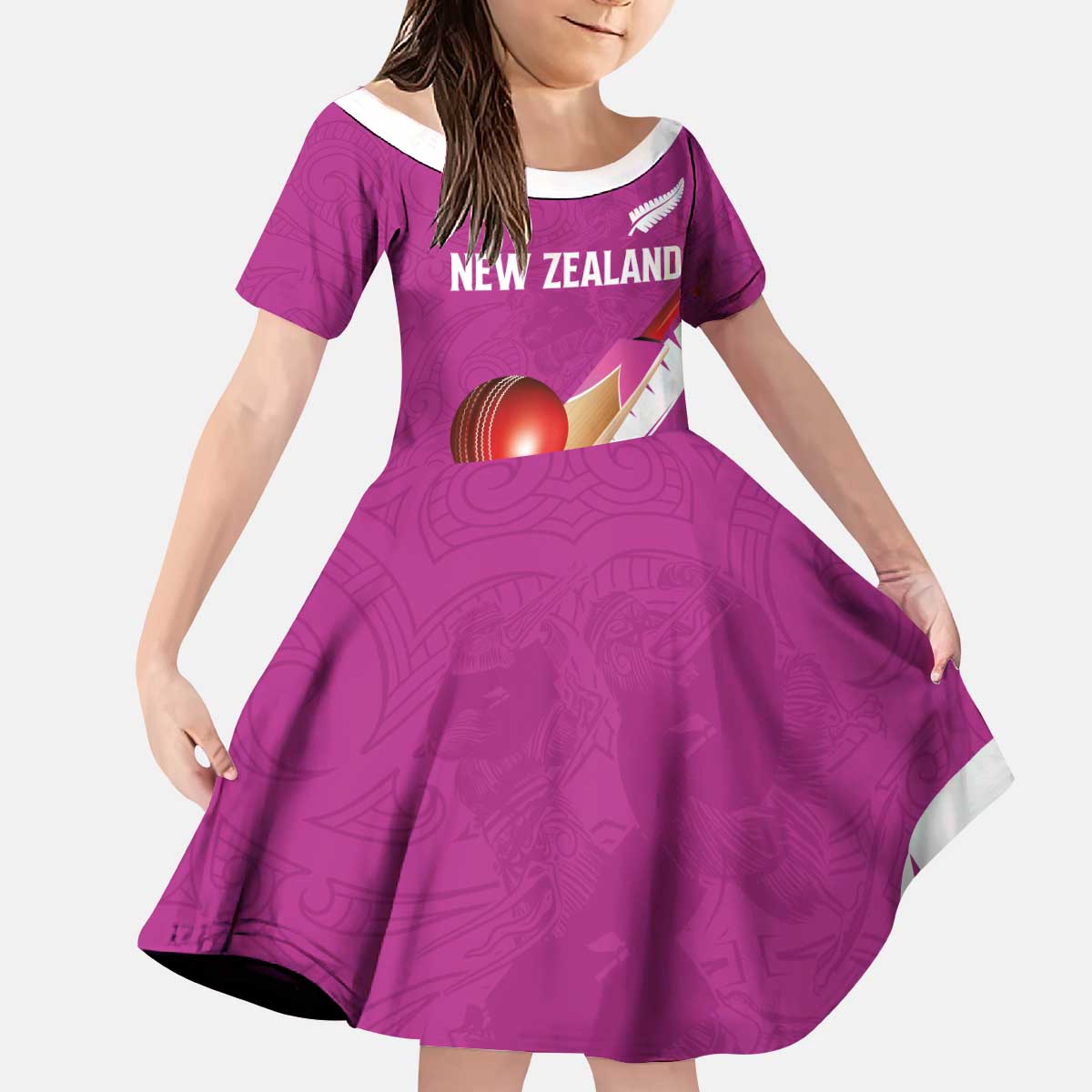 Custom New Zealand Cricket Kid Short Sleeve Dress Kiwi Birds Haka Dance Pink Fern Sporty Style