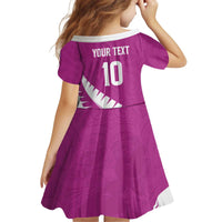 Custom New Zealand Cricket Kid Short Sleeve Dress Kiwi Birds Haka Dance Pink Fern Sporty Style