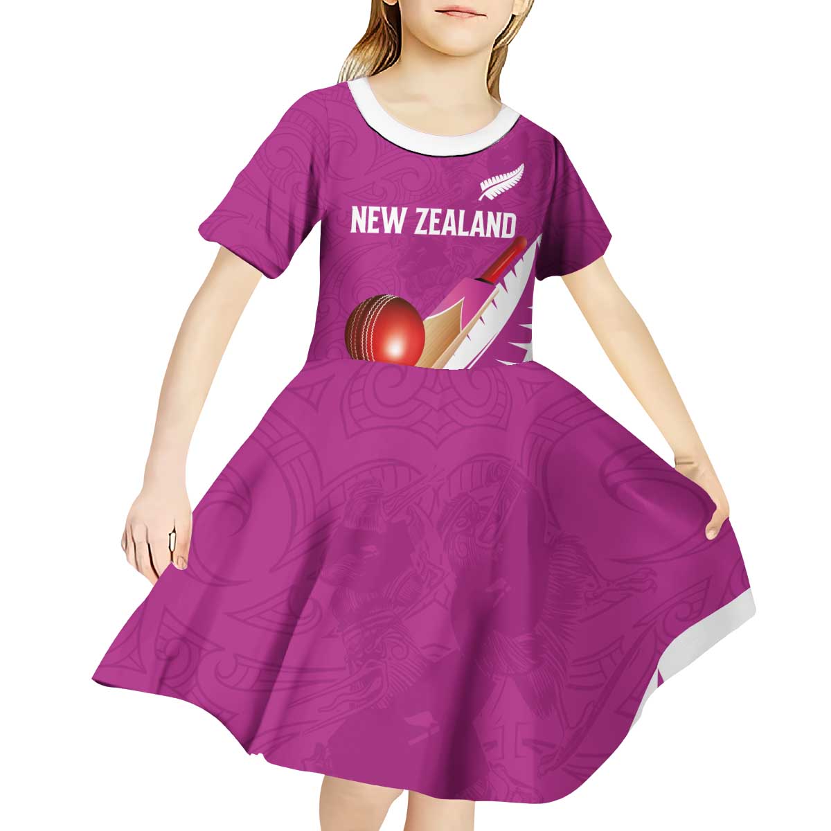 Custom New Zealand Cricket Kid Short Sleeve Dress Kiwi Birds Haka Dance Pink Fern Sporty Style
