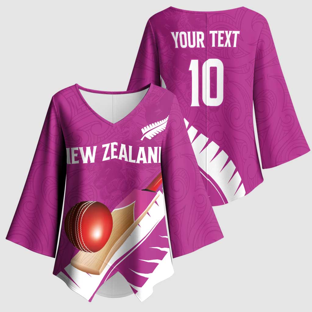 Custom New Zealand Cricket Kimono Sleeve Blouse Kiwi Birds Haka Dance Pink Fern Sporty Style
