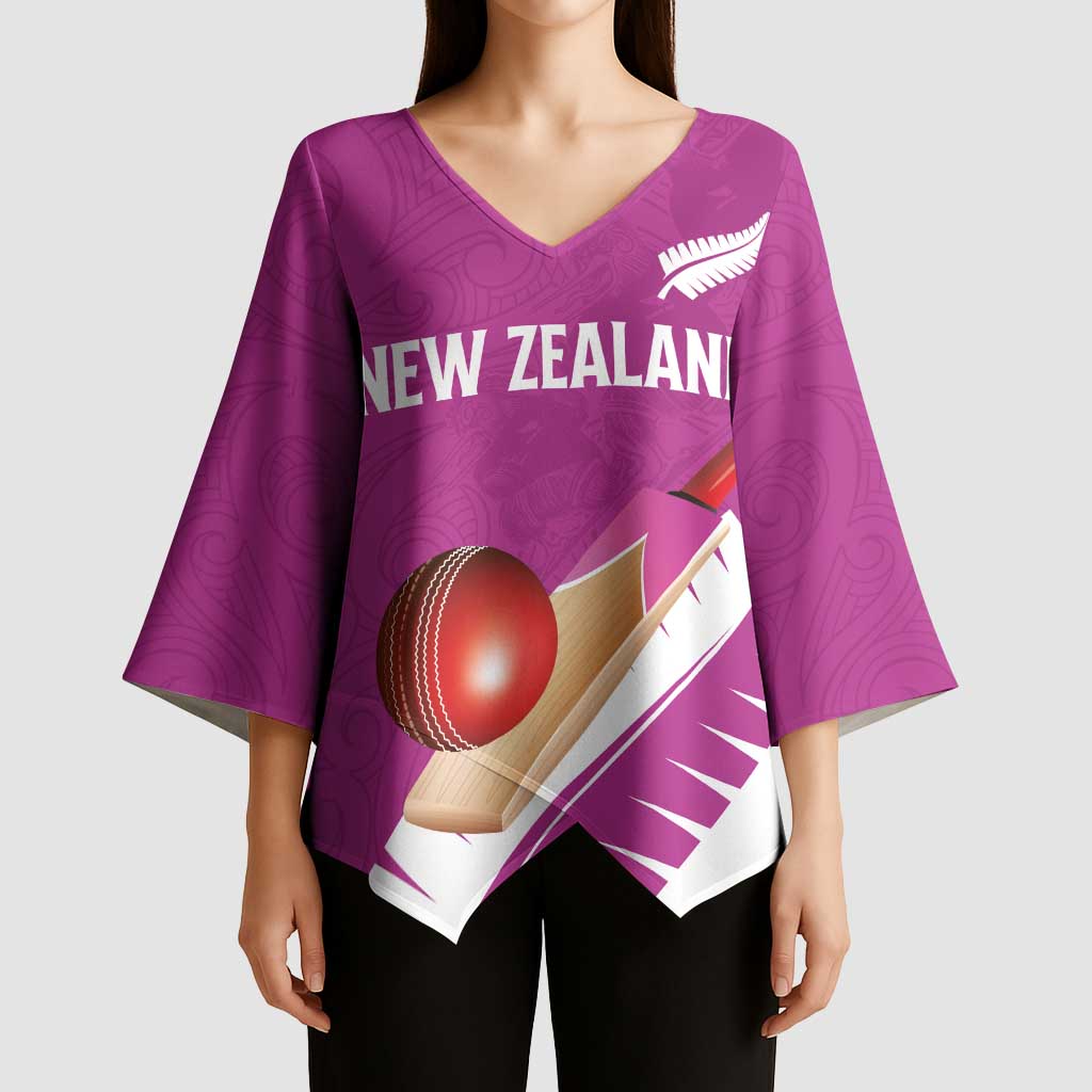 Custom New Zealand Cricket Kimono Sleeve Blouse Kiwi Birds Haka Dance Pink Fern Sporty Style