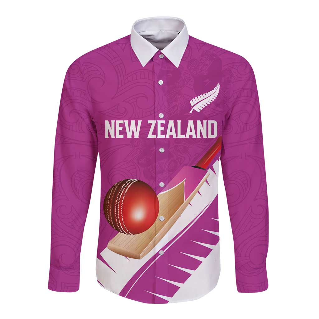 Custom New Zealand Cricket Long Sleeve Button Shirt Kiwi Birds Haka Dance Pink Fern Sporty Style