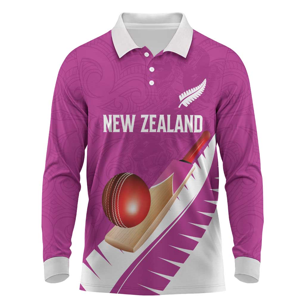 Custom New Zealand Cricket Long Sleeve Polo Shirt Kiwi Birds Haka Dance Pink Fern Sporty Style