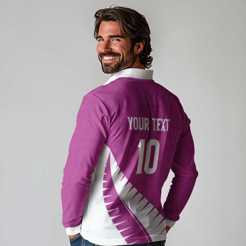 Custom New Zealand Cricket Long Sleeve Polo Shirt Kiwi Birds Haka Dance Pink Fern Sporty Style