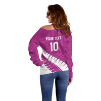Custom New Zealand Cricket Off Shoulder Sweater Kiwi Birds Haka Dance Pink Fern Sporty Style