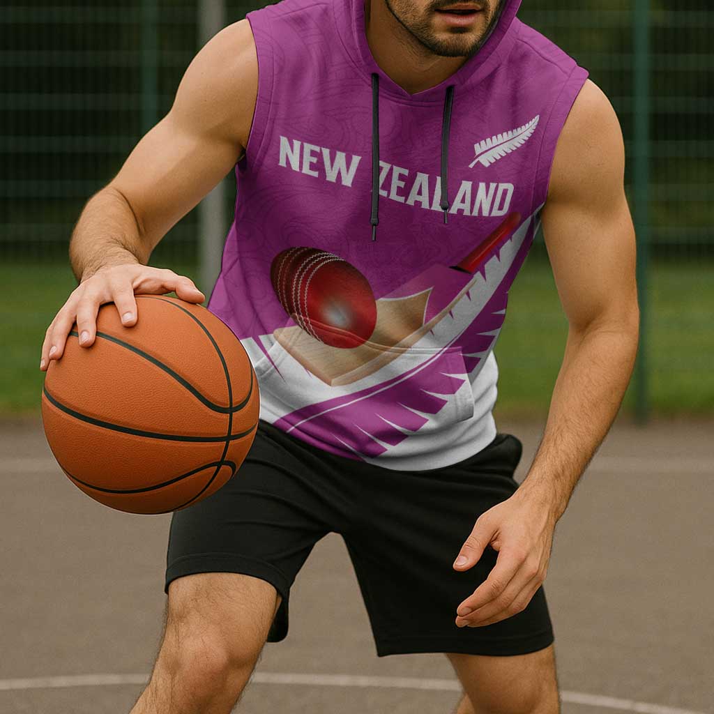 Custom New Zealand Cricket Sleeveless Hoodie Kiwi Birds Haka Dance Pink Fern Sporty Style