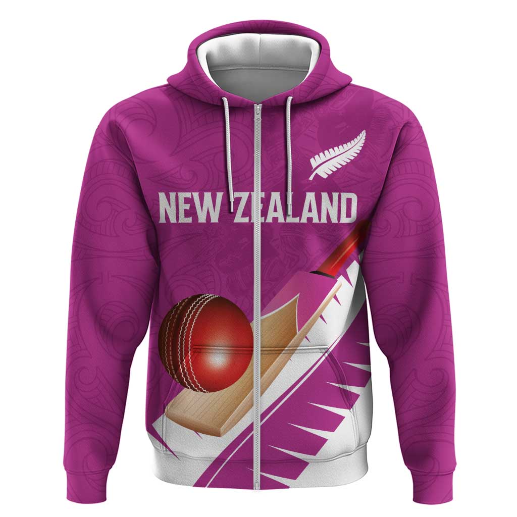 Custom New Zealand Cricket Zip Hoodie Kiwi Birds Haka Dance Pink Fern Sporty Style