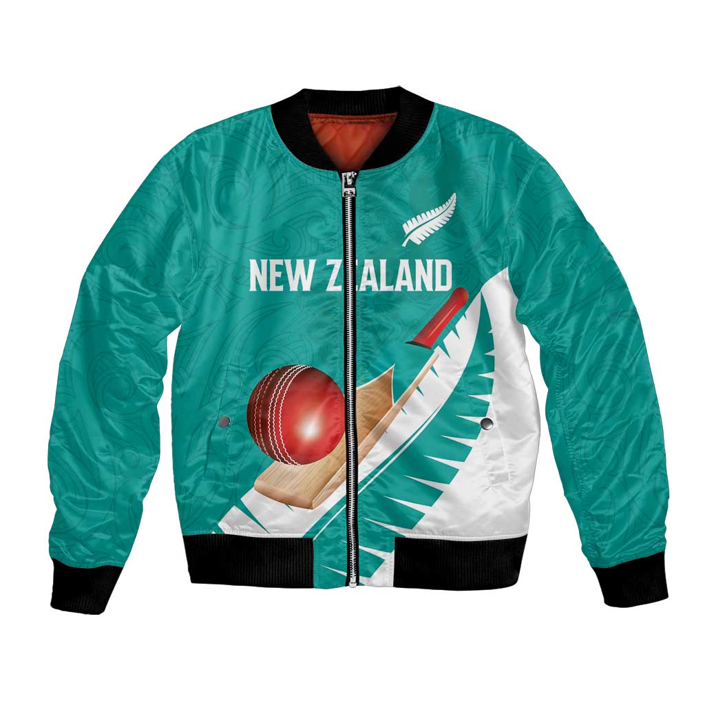 Custom New Zealand Cricket Bomber Jacket Kiwi Birds Haka Dance Turquoise Fern Sporty Style LT03 Unisex Turquoise - Polynesian Pride