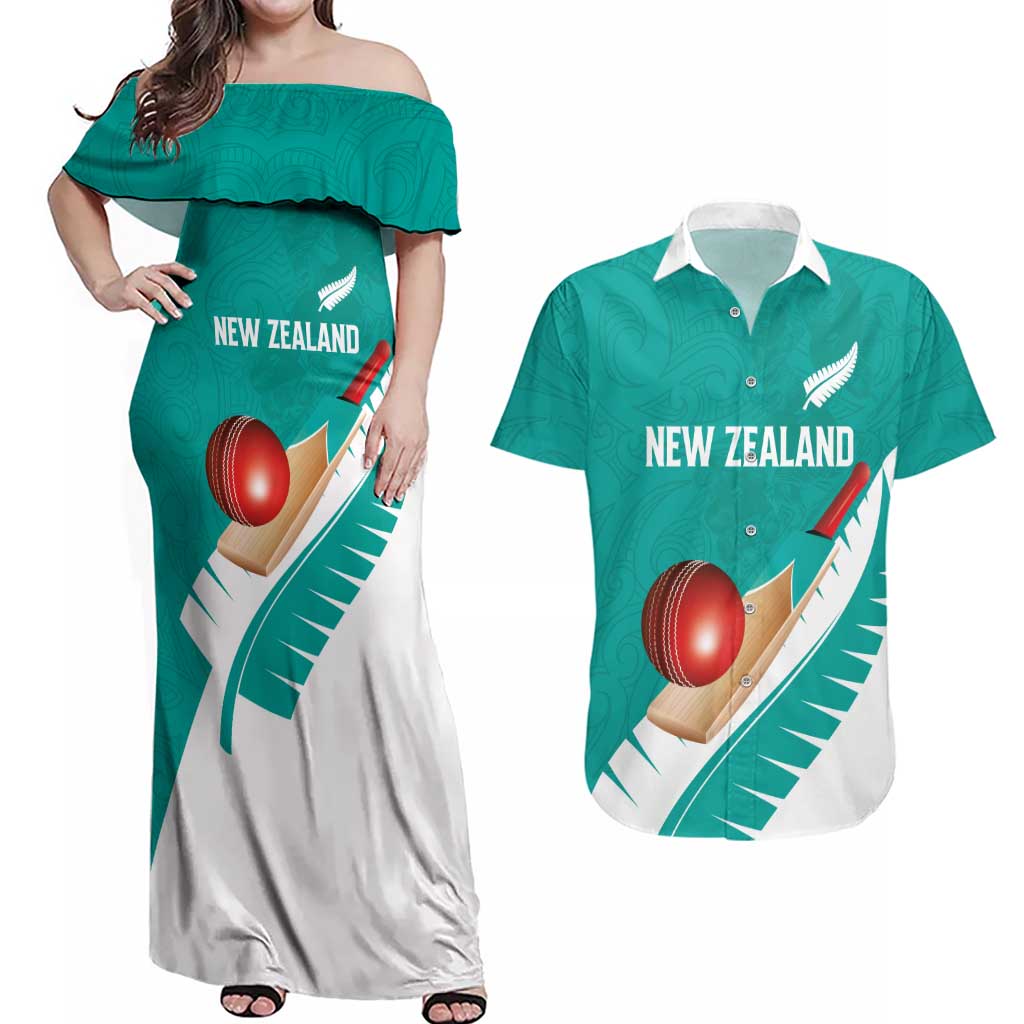 Custom New Zealand Cricket Couples Matching Off Shoulder Maxi Dress and Hawaiian Shirt Kiwi Birds Haka Dance Turquoise Fern Sporty Style