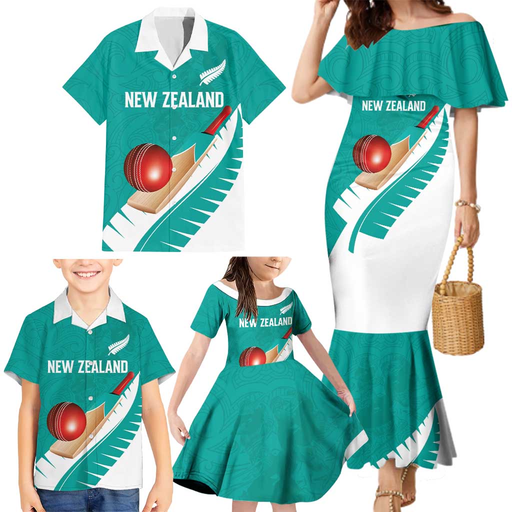 Custom New Zealand Cricket Family Matching Mermaid Dress and Hawaiian Shirt Kiwi Birds Haka Dance Turquoise Fern Sporty Style LT03 - Polynesian Pride