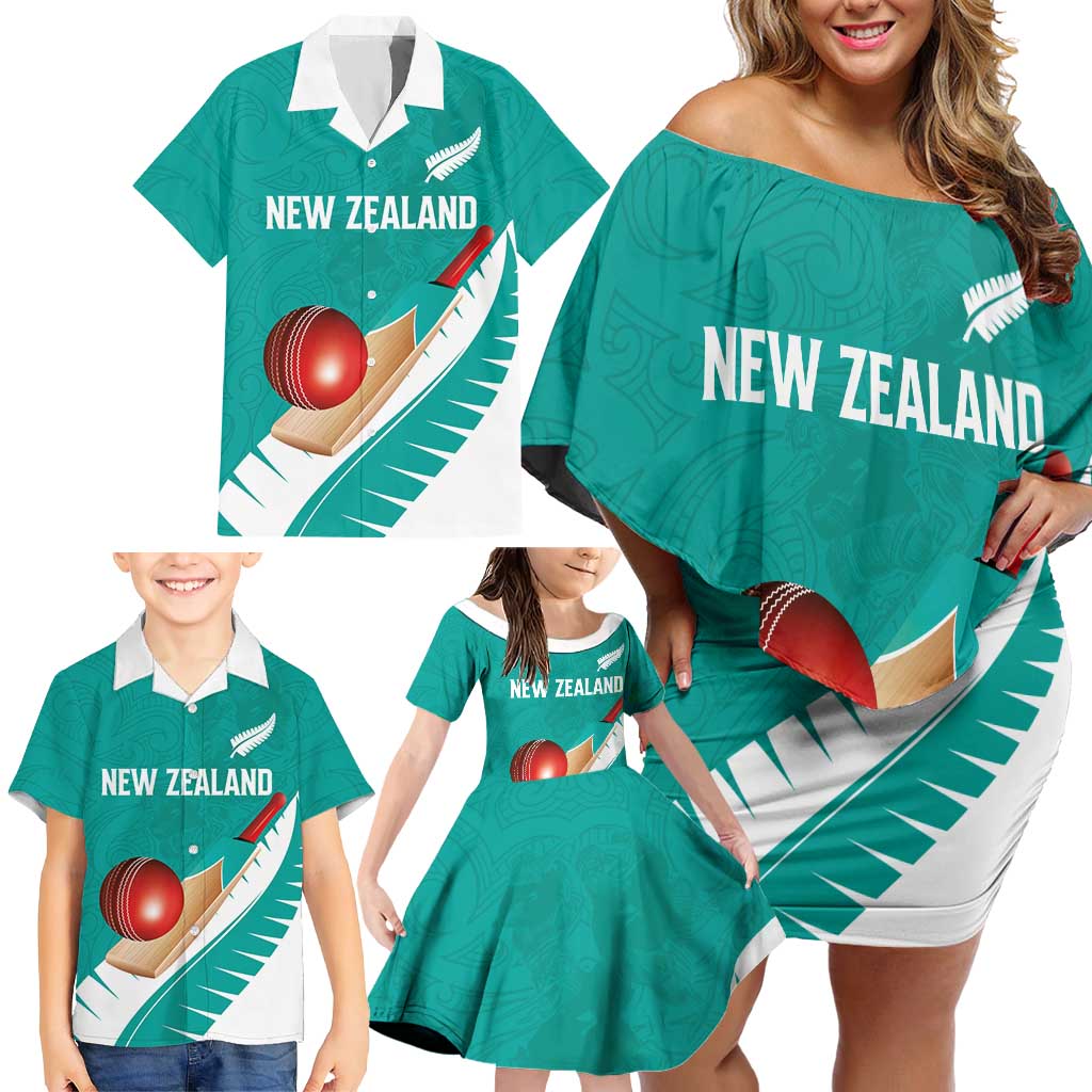 Custom New Zealand Cricket Family Matching Off Shoulder Short Dress and Hawaiian Shirt Kiwi Birds Haka Dance Turquoise Fern Sporty Style