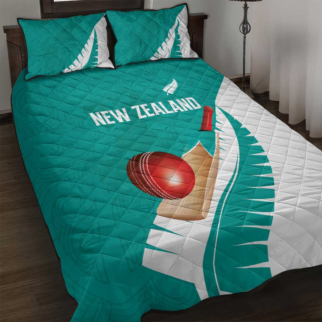 New Zealand Cricket Quilt Bed Set Kiwi Birds Haka Dance Turquoise Fern Sporty Style