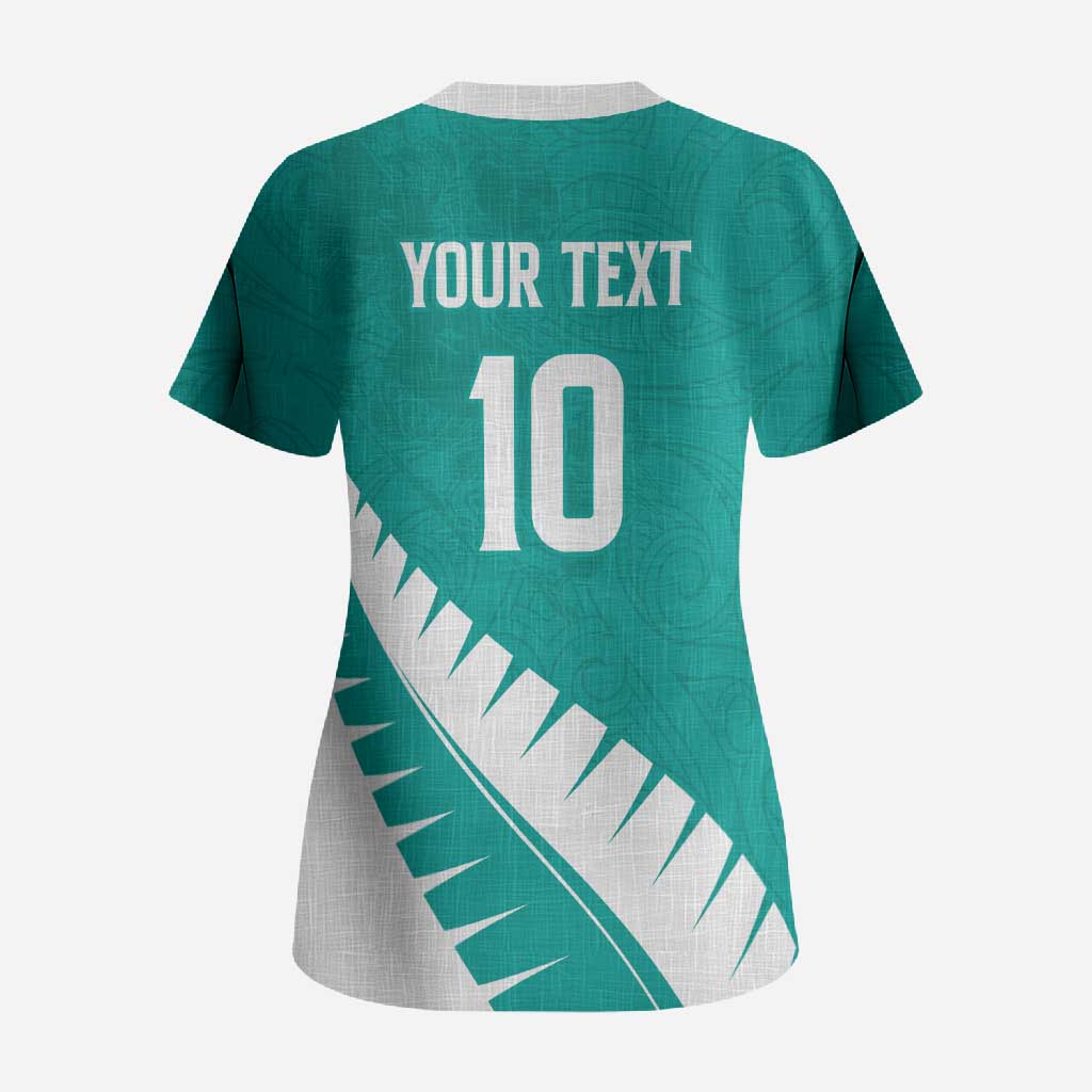Custom New Zealand Cricket Scrub Top Kiwi Birds Haka Dance Turquoise Fern Sporty Style