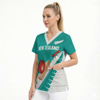 Custom New Zealand Cricket Scrub Top Kiwi Birds Haka Dance Turquoise Fern Sporty Style