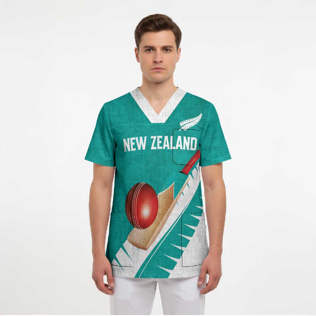 Custom New Zealand Cricket Scrub Top Kiwi Birds Haka Dance Turquoise Fern Sporty Style
