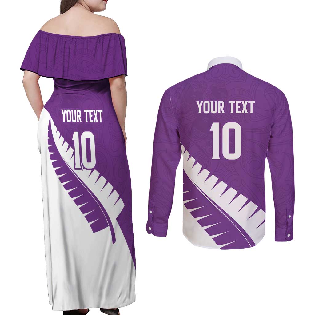 Custom New Zealand Cricket Couples Matching Off Shoulder Maxi Dress and Long Sleeve Button Shirt Kiwi Birds Haka Dance Purple Fern Sporty Style