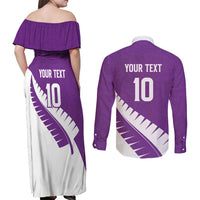 Custom New Zealand Cricket Couples Matching Off Shoulder Maxi Dress and Long Sleeve Button Shirt Kiwi Birds Haka Dance Purple Fern Sporty Style