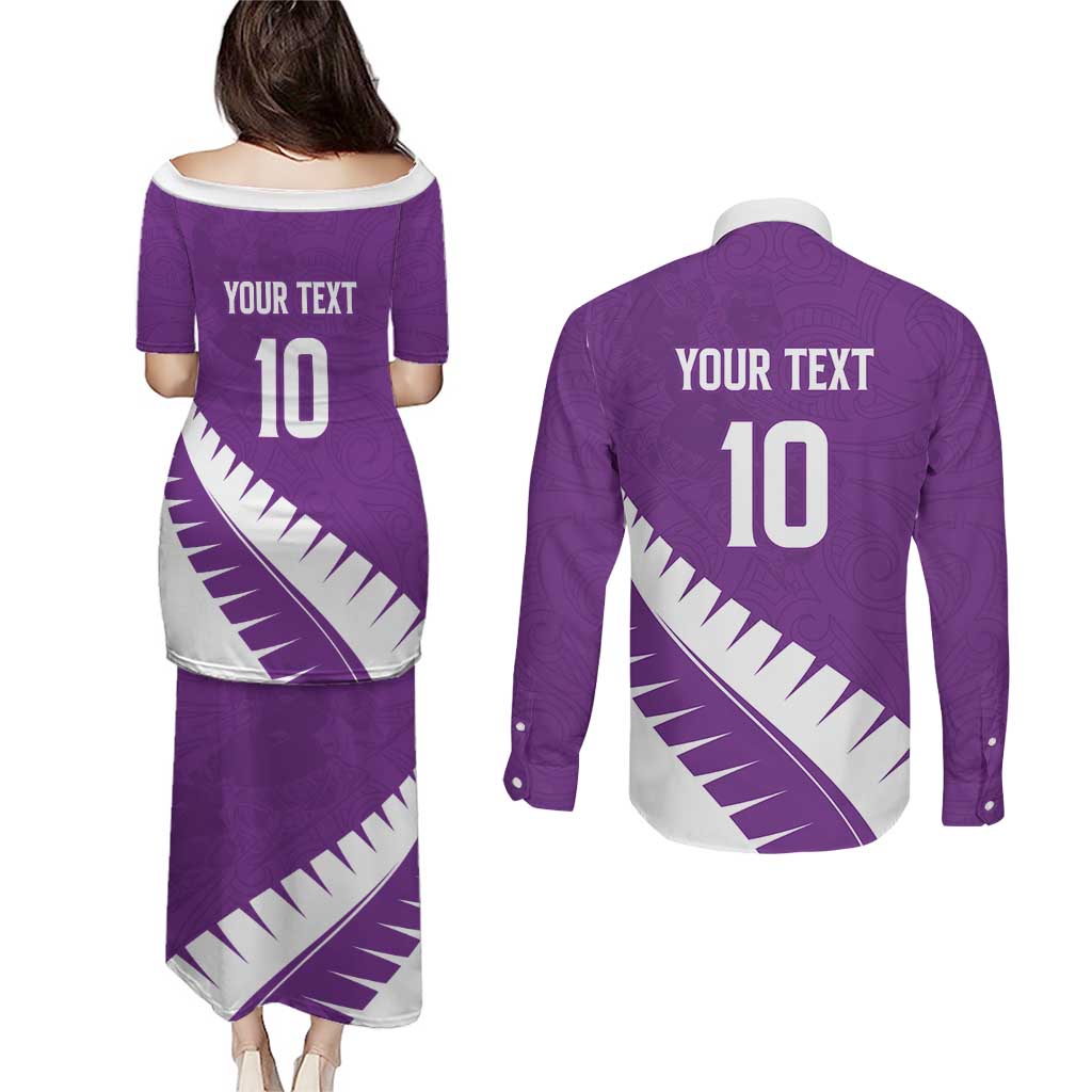 Custom New Zealand Cricket Couples Matching Puletasi and Long Sleeve Button Shirt Kiwi Birds Haka Dance Purple Fern Sporty Style