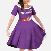 Custom New Zealand Cricket Family Matching Long Sleeve Bodycon Dress and Hawaiian Shirt Kiwi Birds Haka Dance Purple Fern Sporty Style