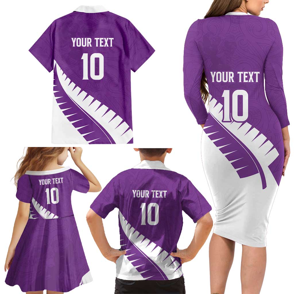 Custom New Zealand Cricket Family Matching Long Sleeve Bodycon Dress and Hawaiian Shirt Kiwi Birds Haka Dance Purple Fern Sporty Style