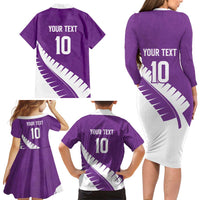 Custom New Zealand Cricket Family Matching Long Sleeve Bodycon Dress and Hawaiian Shirt Kiwi Birds Haka Dance Purple Fern Sporty Style