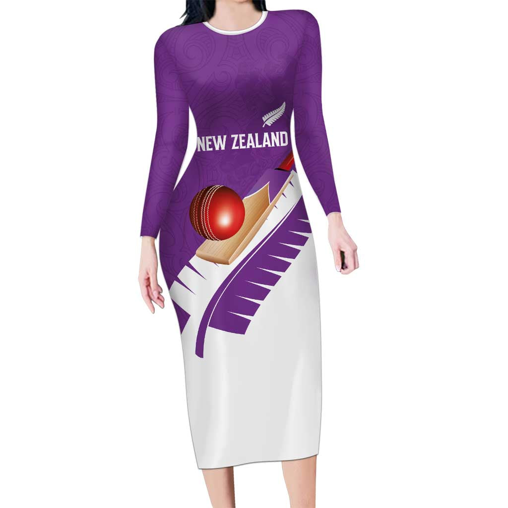 Custom New Zealand Cricket Family Matching Long Sleeve Bodycon Dress and Hawaiian Shirt Kiwi Birds Haka Dance Purple Fern Sporty Style