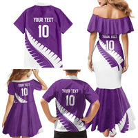 Custom New Zealand Cricket Family Matching Mermaid Dress and Hawaiian Shirt Kiwi Birds Haka Dance Purple Fern Sporty Style