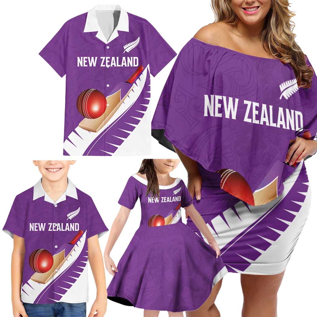 Custom New Zealand Cricket Family Matching Off Shoulder Short Dress and Hawaiian Shirt Kiwi Birds Haka Dance Purple Fern Sporty Style